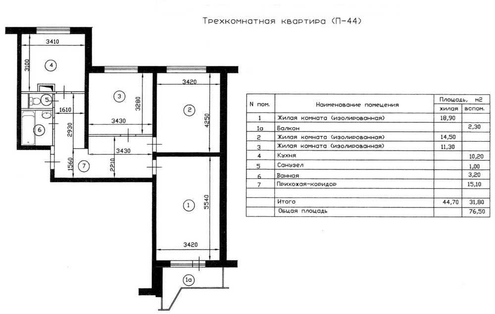 Дома серии п-44: планировка 1,2,3 -комнатных квартир с размерами